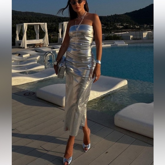 Zara Fitted Metallic Dress Silver Strapless - Picture 9 of 14